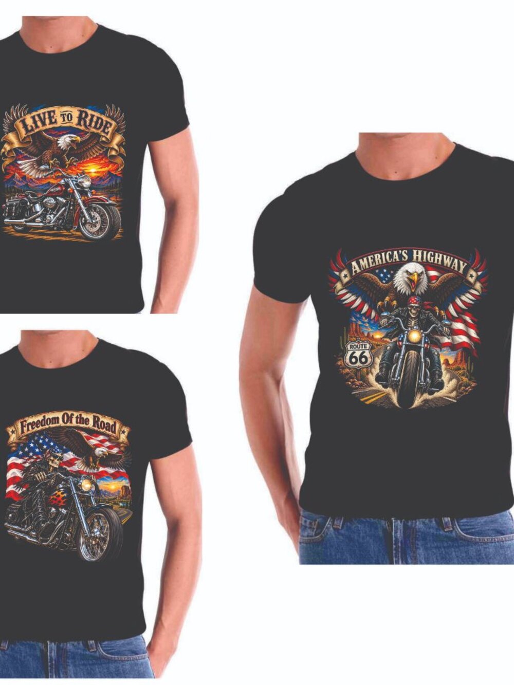 Set Of 3 Motorcycle T Shirt Eagle Accent Art 100% U.S. cotton. Yarn count: 30/1.